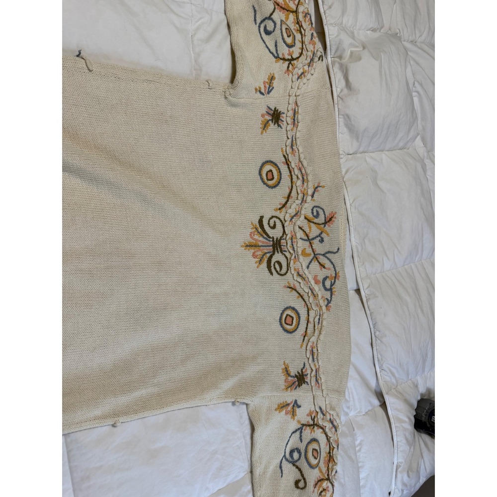 Vintage Kitty Hawk Floral Embroidered Cardigan Sweater Cream V-Neck Large - Picture 8 of 9